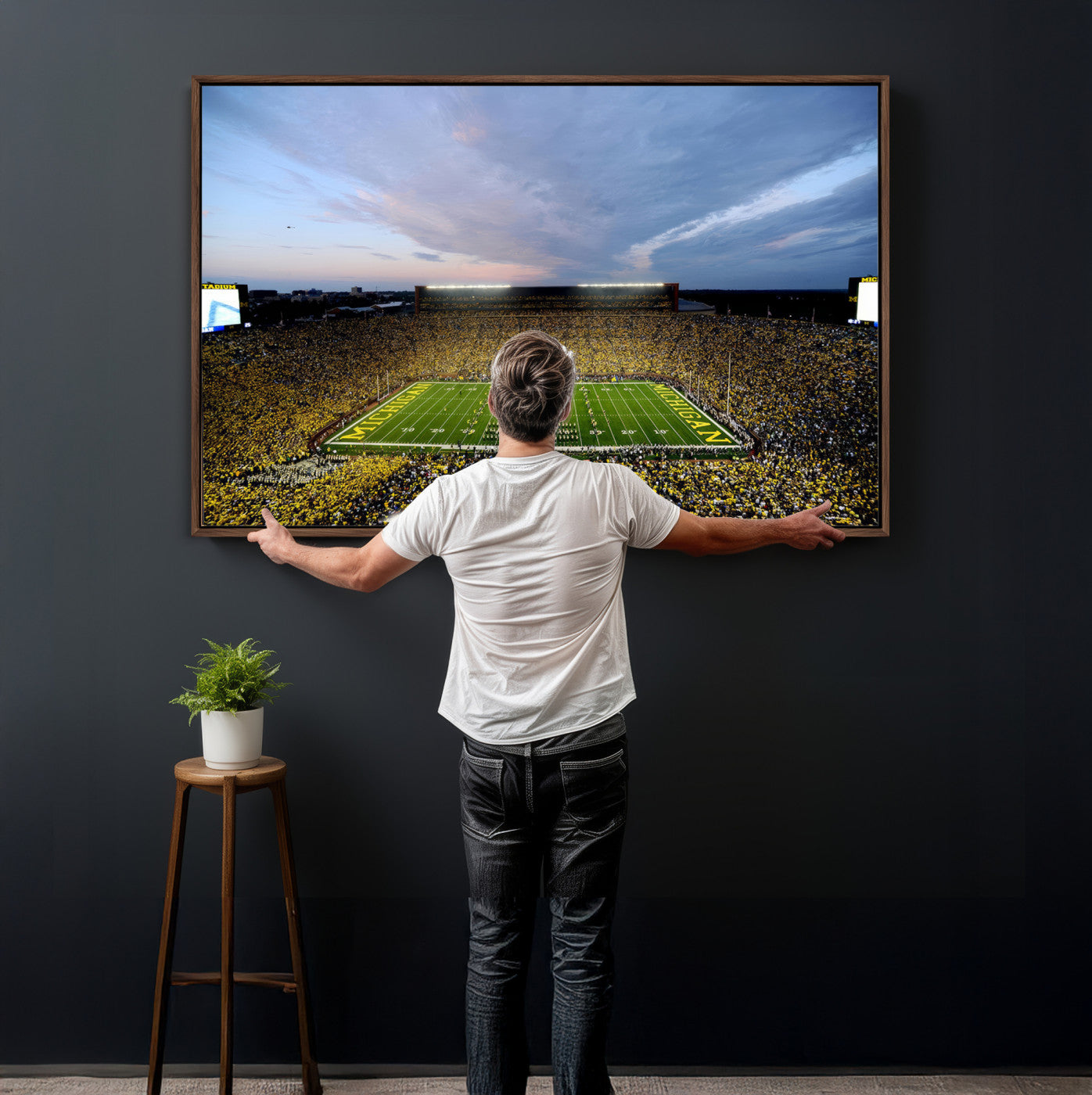 82641-MGV-CV-36X24 - Michigan Stadium Wall Art Canvas Print, Vibrant Game Day Crowd and Sunset Sky Football Field Artwork for Home, Office