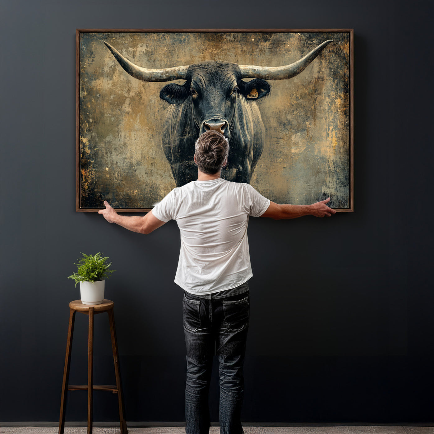 57385-MGV-CV-36X24 - Longhorn Bull Wall Art Canvas Print, Framed Rustic Cow Art Picture Print, Texas Longhorn Perfect Western Decor Artwork