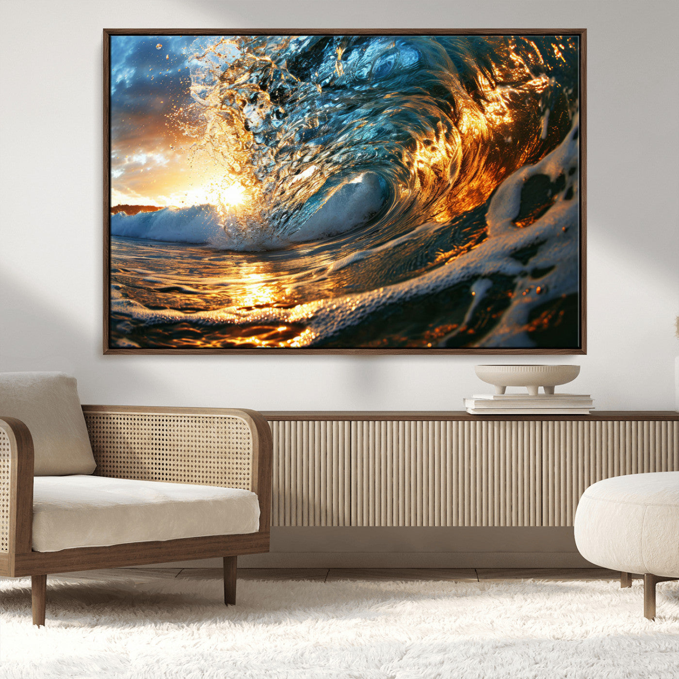 41370-MGV-CV-36X24-Ocean Wave at Sunset Canvas Wall Art – Vibrant Coastal Beach Waves Print, Large Nautical Decor,
