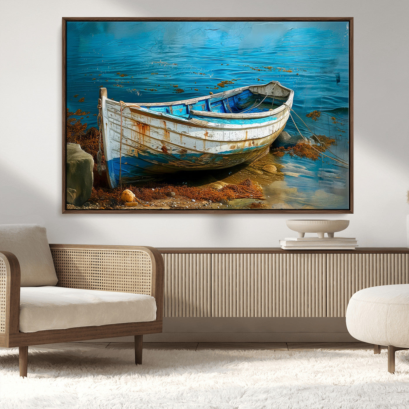 54716-MGV-CV-36X24-Vintage Boat on Tranquil Waters | Coastal Wall Art for Nautical Decor | Rustic Triptych Canvas Print