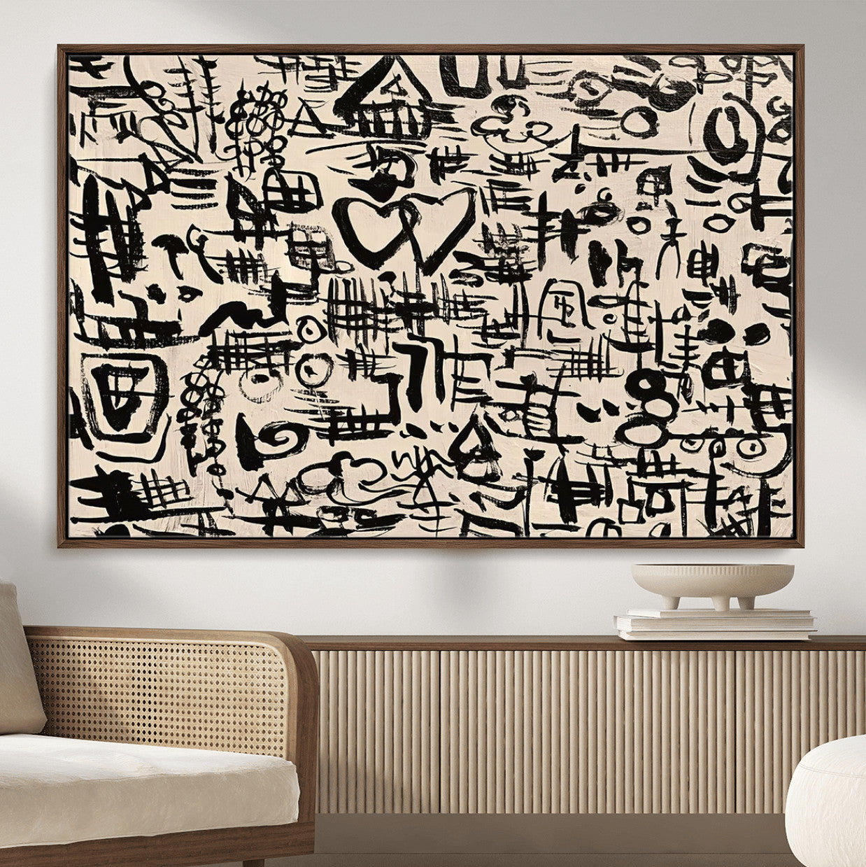 68273-MGV-FC-36X24 - Abstract Love and Chaos Canvas Print, Black Symbols on Beige