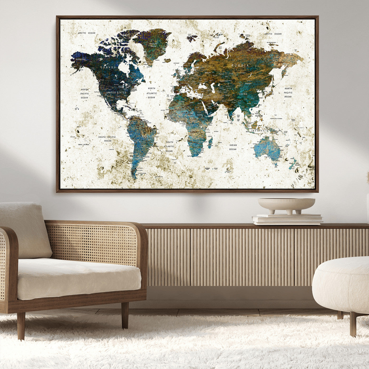 89176-MGV-CV-36X24-Vintage Blue and Brown World Map Canvas Wall Art – Framed Rustic Map Print, Earth Tone Travel Decor for Stylish Home and Office Walls