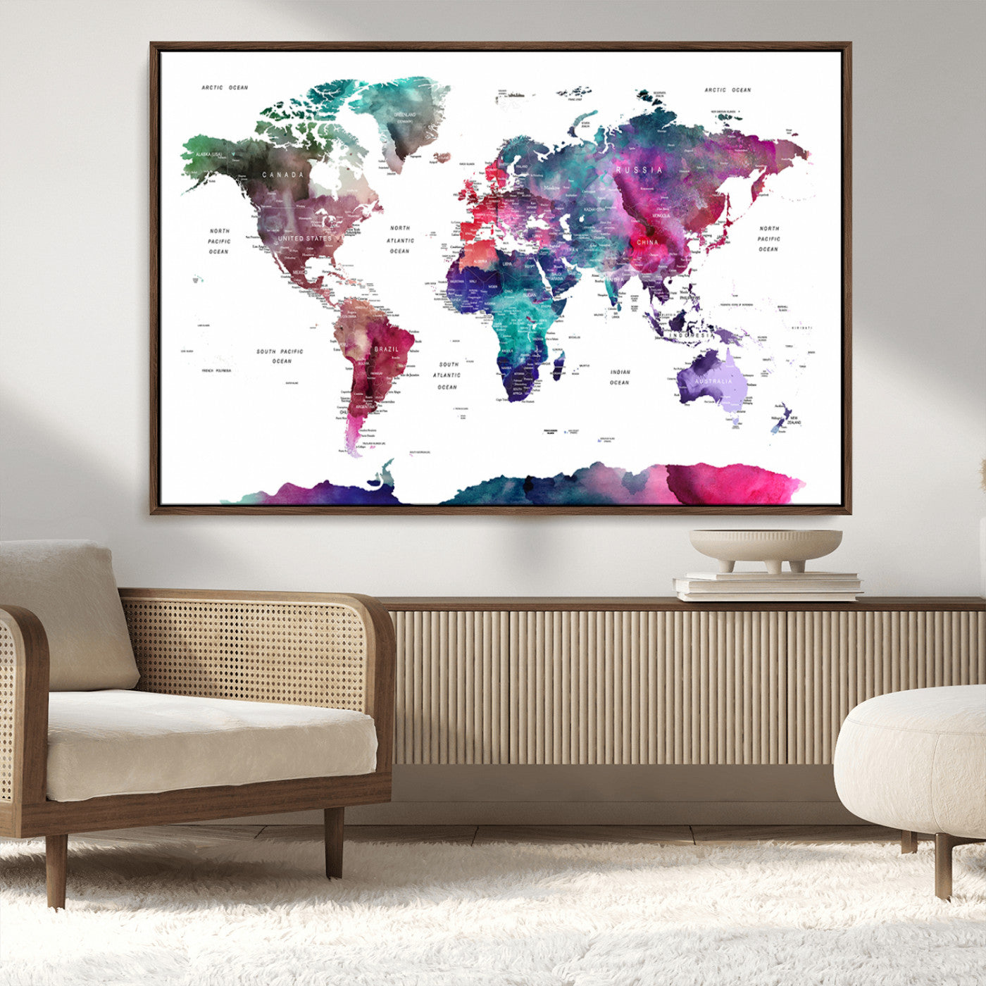 78176-MGV-CV-36X24-Colorful Watercolor World Map Canvas Wall Art – Framed Modern Map Print, Vibrant Travel Inspired Artwork for Home and Office Decor