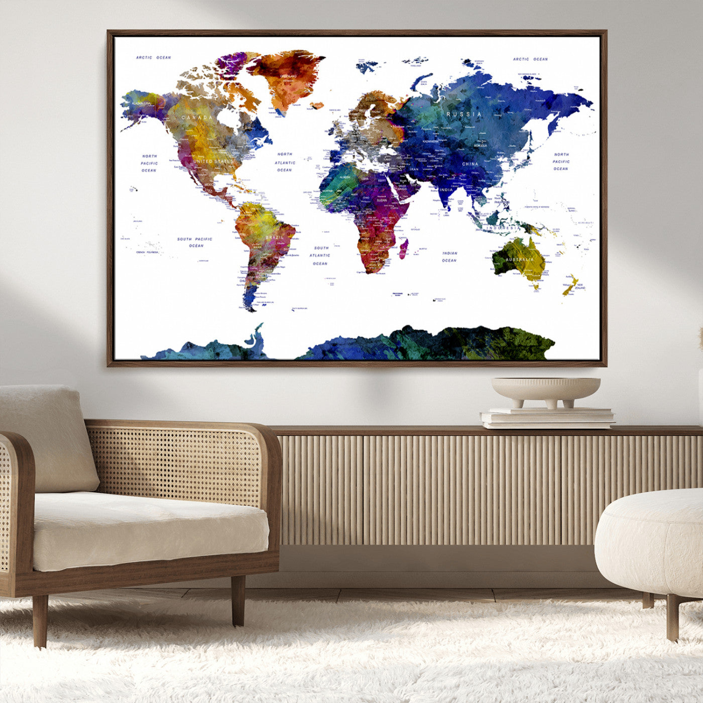 90446-MGV-CV-36X24-Colorful Watercolor World Map Canvas Wall Art – Framed Modern Push Pin Travel Map for Home and Office Decor