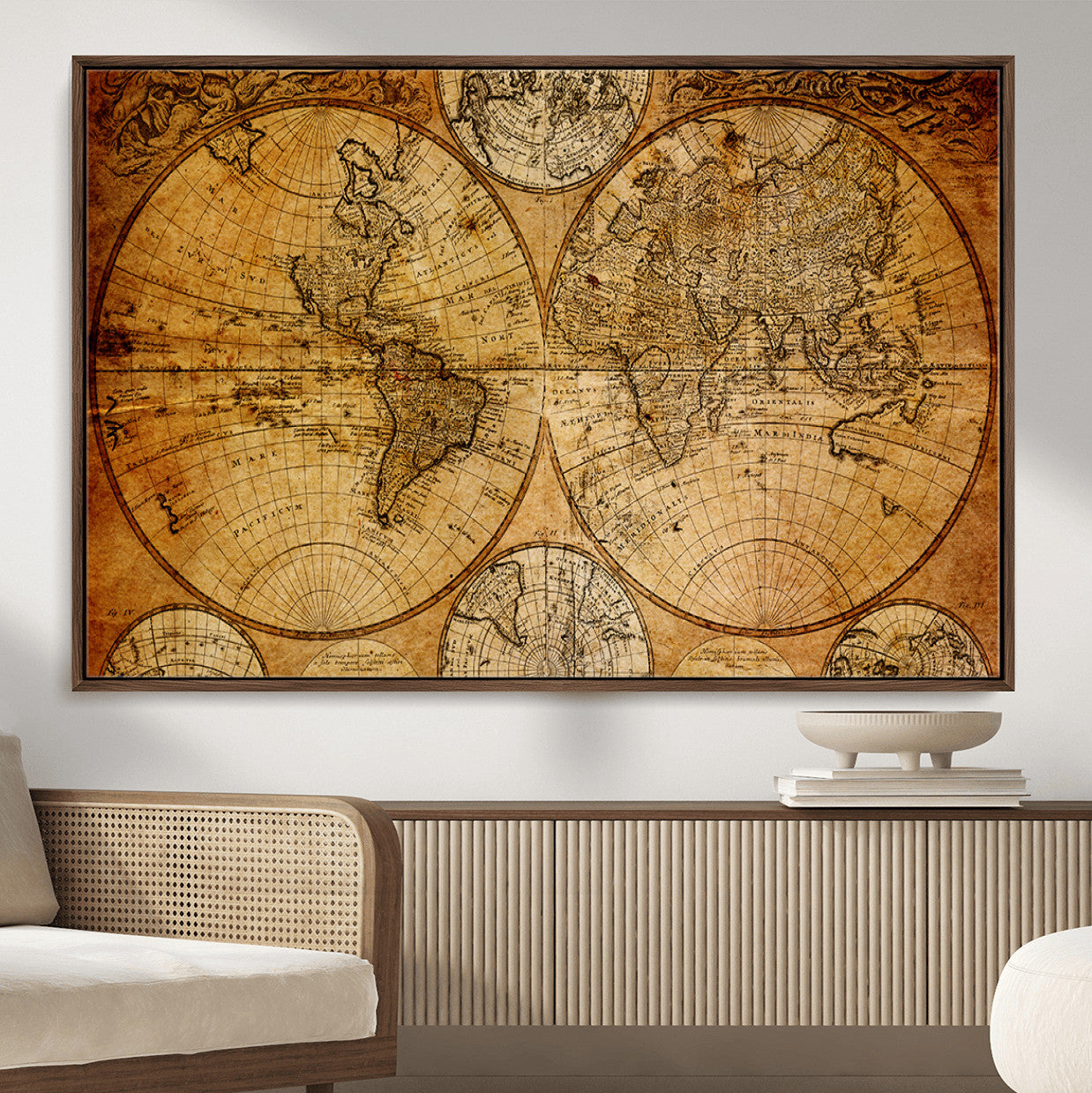 25517-MGV-FC-36X24 - Vintage World Map Canvas Print – Antique Push Pin Travel Map, Framed Wall Art for Home or Office Decor
