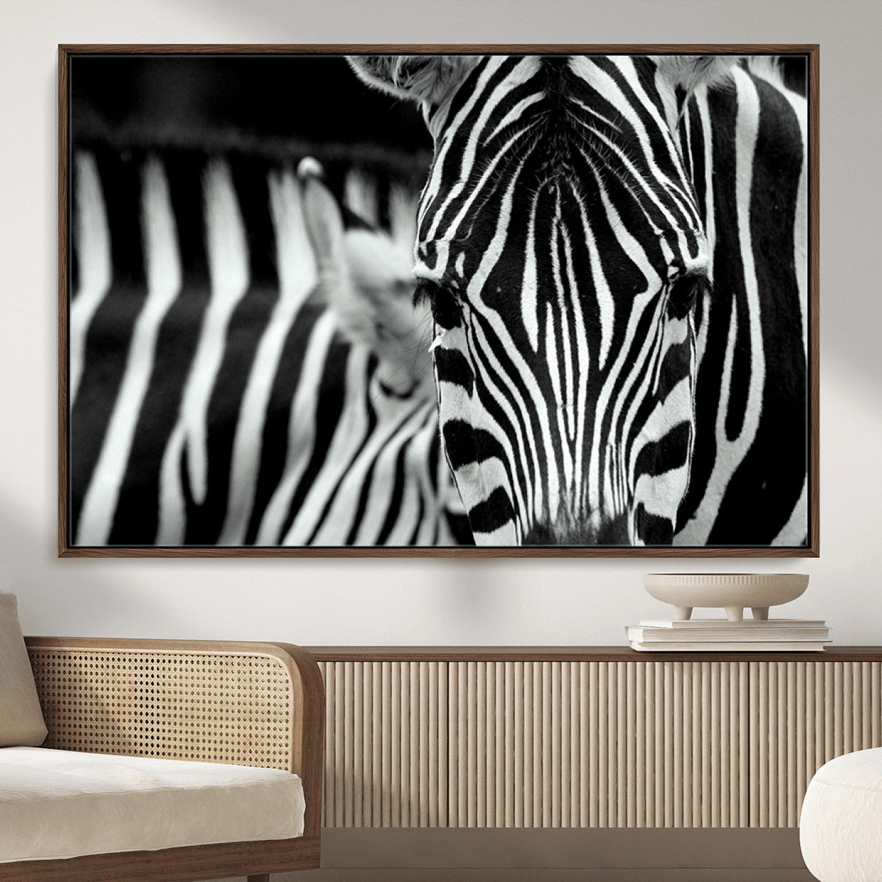 MGV-FC-36X24 - Zebra Wall Art – Close Up Black and White Animal Print, Bold Safari Decor for Living Room, Office, or Bedroom