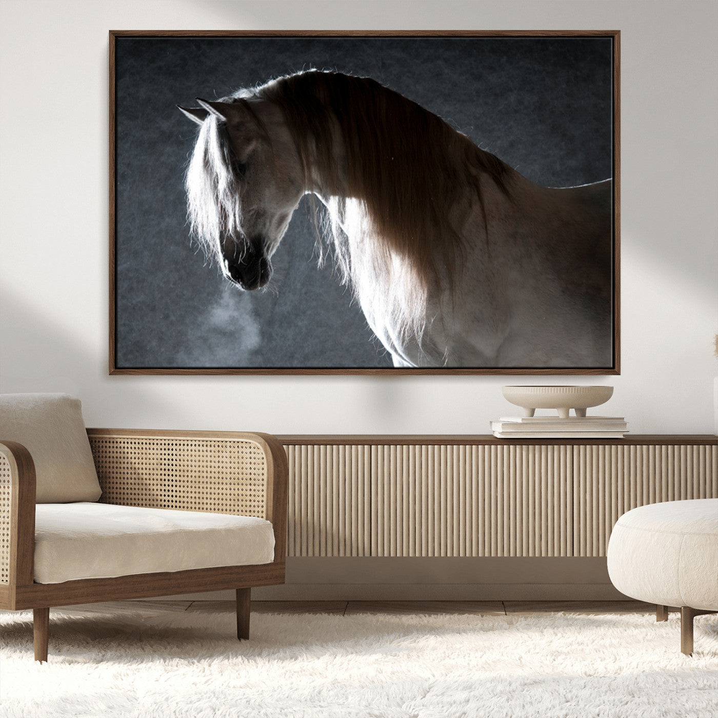 -Large Wall Art Cream Colored Horse on Grey Background Canvas Print