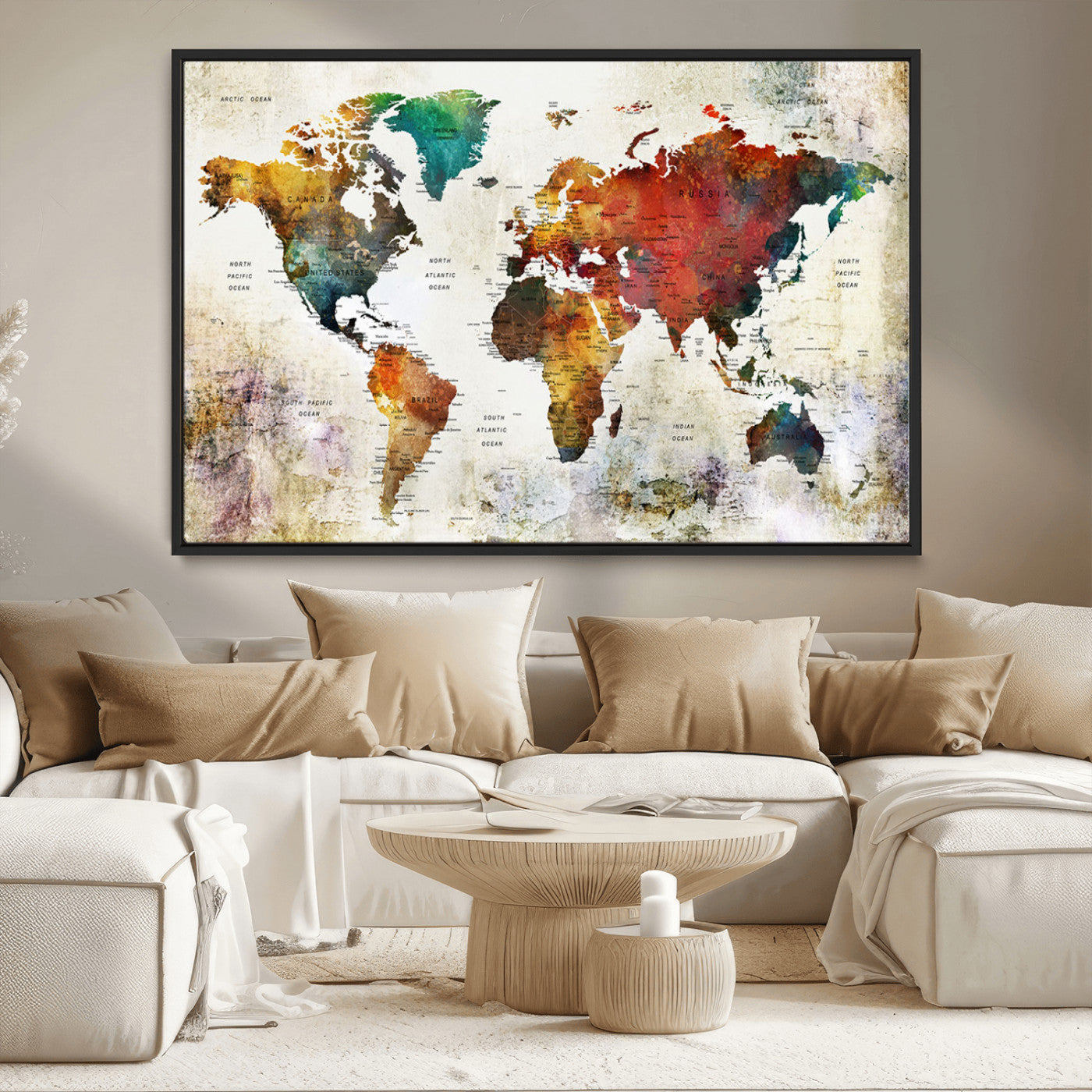 92207-MGV-CV-36X24-Watercolor World Map Canvas Print – Framed Push Pin Wall Art for Couples, Artistic Travel Map for Modern Home and Office Decor