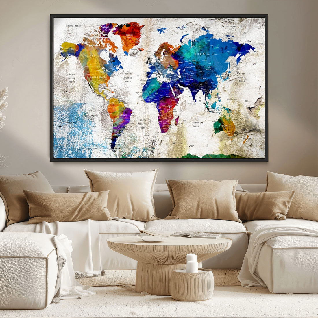 Navy Blue Watercolor World Map Canvas Print | Framed Travel Map Wall Art