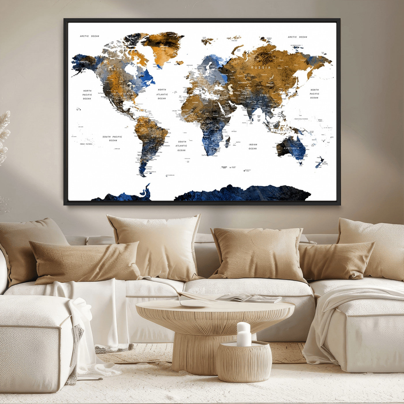 56231-MGV-CV-36X24-Navy and Gold World Map Canvas Wall Art – Framed Modern World Map Print, Elegant Travel Inspired Artwork for Home and Office Decor