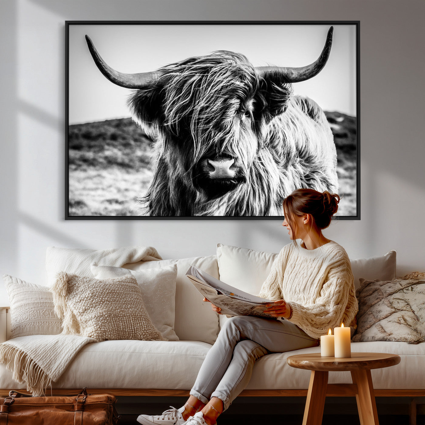 54309-MGV-CV-36X24 - Black and White Scottish Cow Canvas Wall Art Highland Cattle Canvas Print Framed Ready to Hang Original Cotton Canvas High Quality Image Multi Panel Wall Art Printable Artwork for Walls
