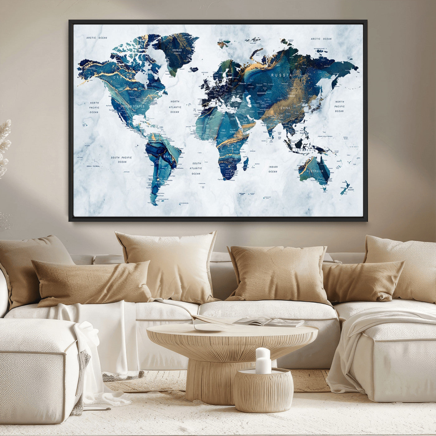 53819-MGV-CV-36X24-Push Pin World Map Canvas Print – Framed Travel Map Wall Art for Couples, Anniversary Gift, Modern Home or Office Decor