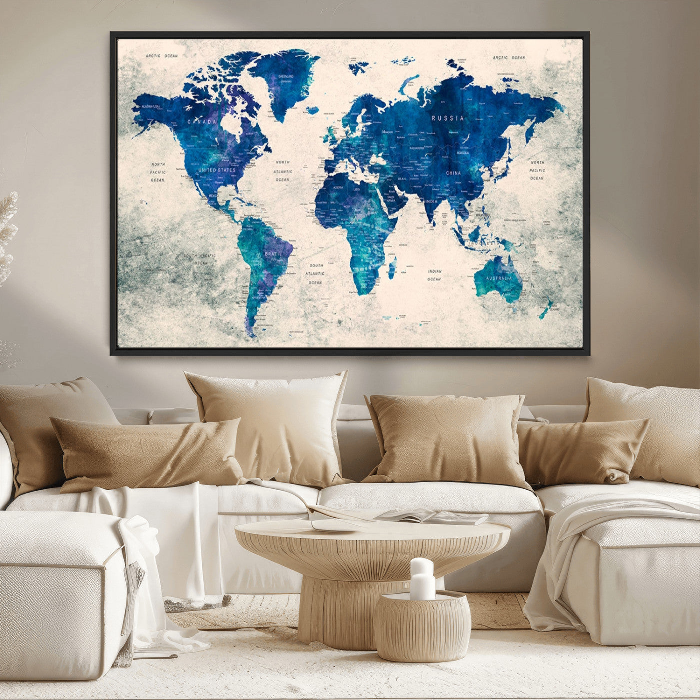 43947-MGV-CV-36X24-Blue Watercolor World Map Canvas Print – Framed Modern Wall Art, Elegant Push Pin Travel Map Decor for Home Office or Living Room