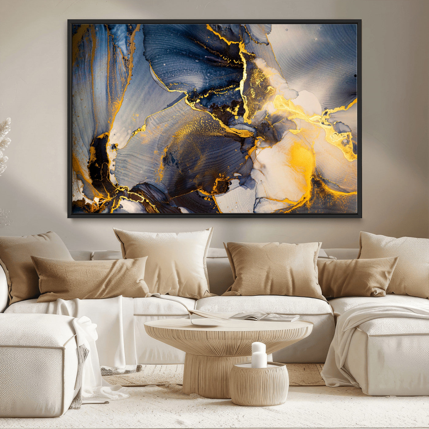 42100-MGV-CV-36X24-Large Abstract Wall Art Print - Gold and Blue Abstract Canvas Wall Art | Fluid Ink Modern Luxury