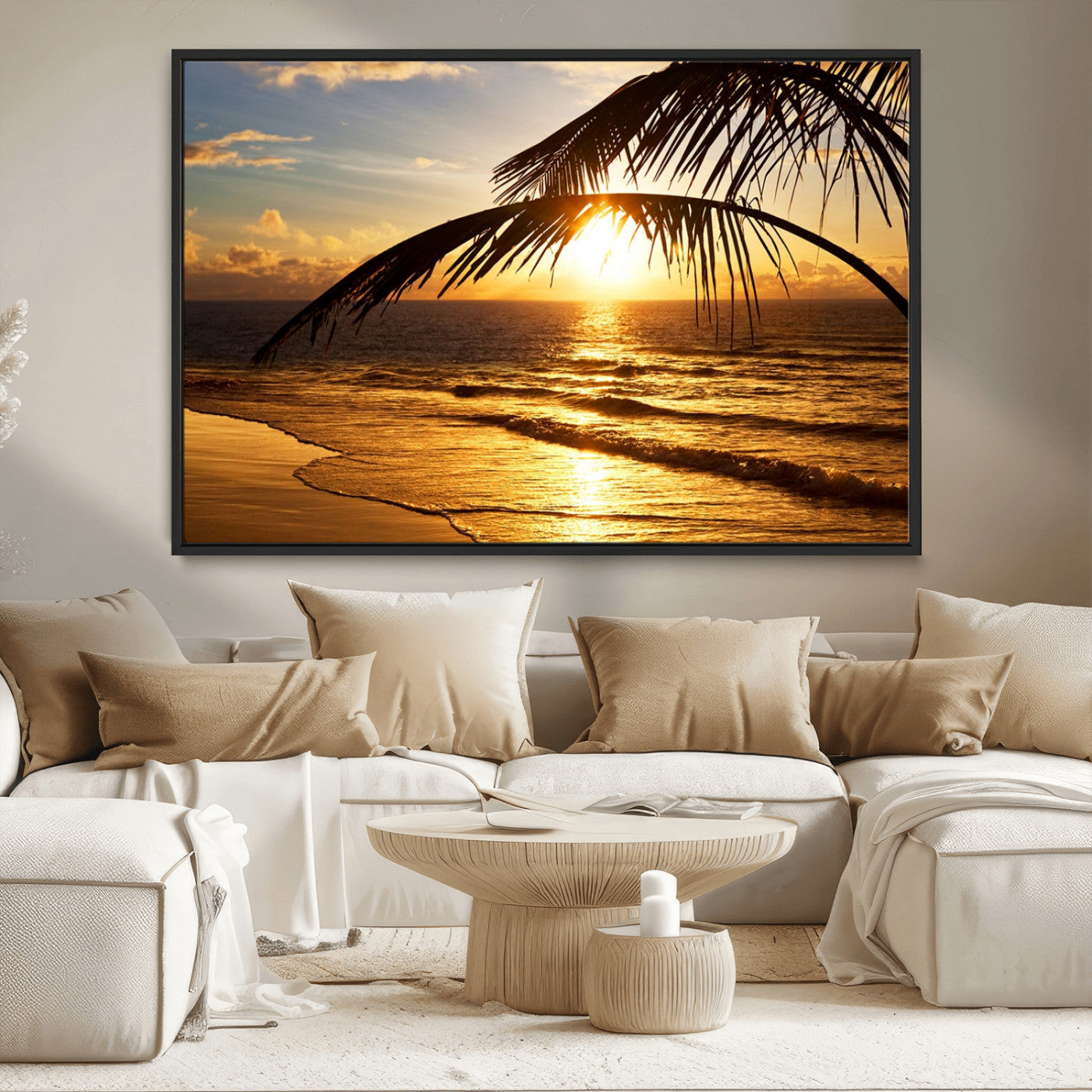 -Golden Tropical Beach Sunset Canvas Triptych, Coastal Palm Tree Wall Art, Ocean Shoreline Giclee