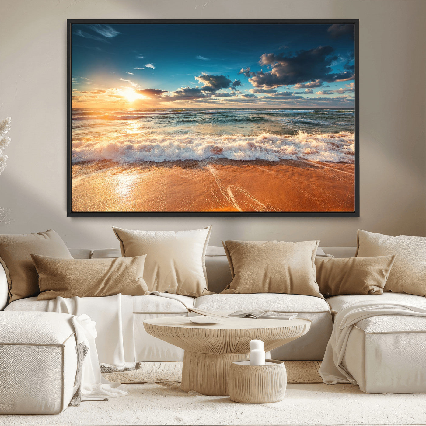 -Golden Sunset Beach Triptych Canvas Art, Giclee Coastal Wall Decor, Ocean Waves Print, Modern Beach