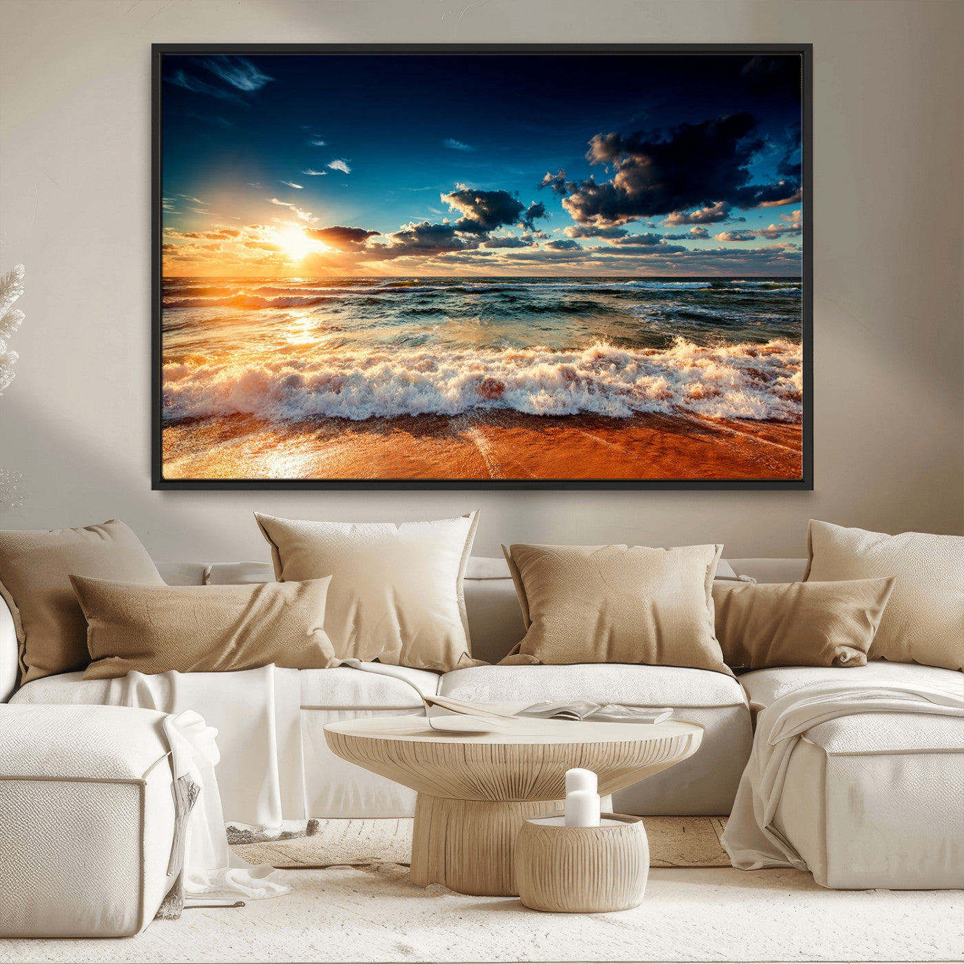 26996-MGV-CV-36X24-Golden Hour Sunset Over Ocean Waves Wall Art Canvas Print | 3 Panel Coastal Landscape Canvas Wall