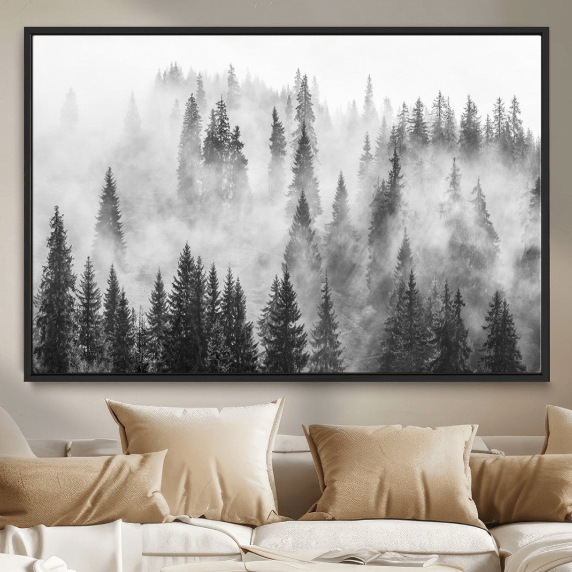 10422-MGV-FC-36X24_Black-Forest Wall Art Print | Foggy Pine Forest Canvas Wall Art - Black and White Nature Decor for Living Room, Office
