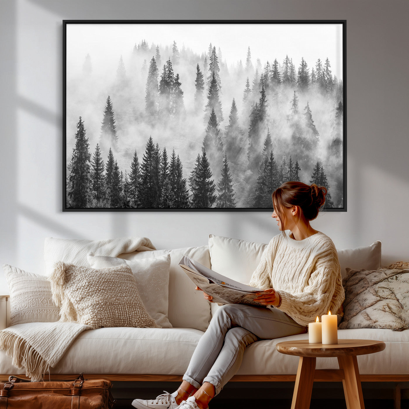 10422-MGV-CV-36X24 - Forest Wall Art Print | Foggy Pine Forest Canvas Wall Art - Black and White Nature Decor for Living