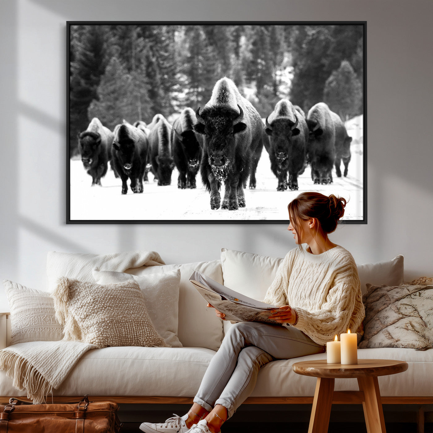 62434-MGV-CV-36X24 - Bison Herd in Snow Wall Art Canvas Print | Rustic Western Bison Wall Art for Decor for Living Room