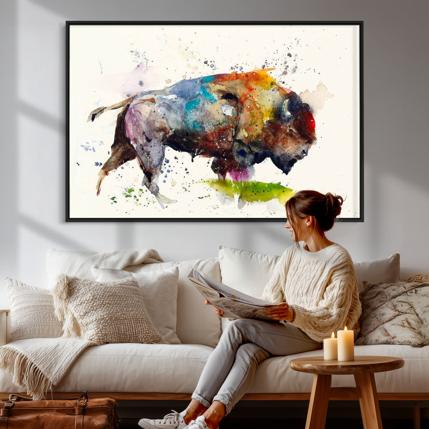 44504-MGV-CV-36X24 - Abstract Buffalo Wall Art, Western Watercolor Bison Canvas Print, Rustic Buffalo Art for Cowboy and