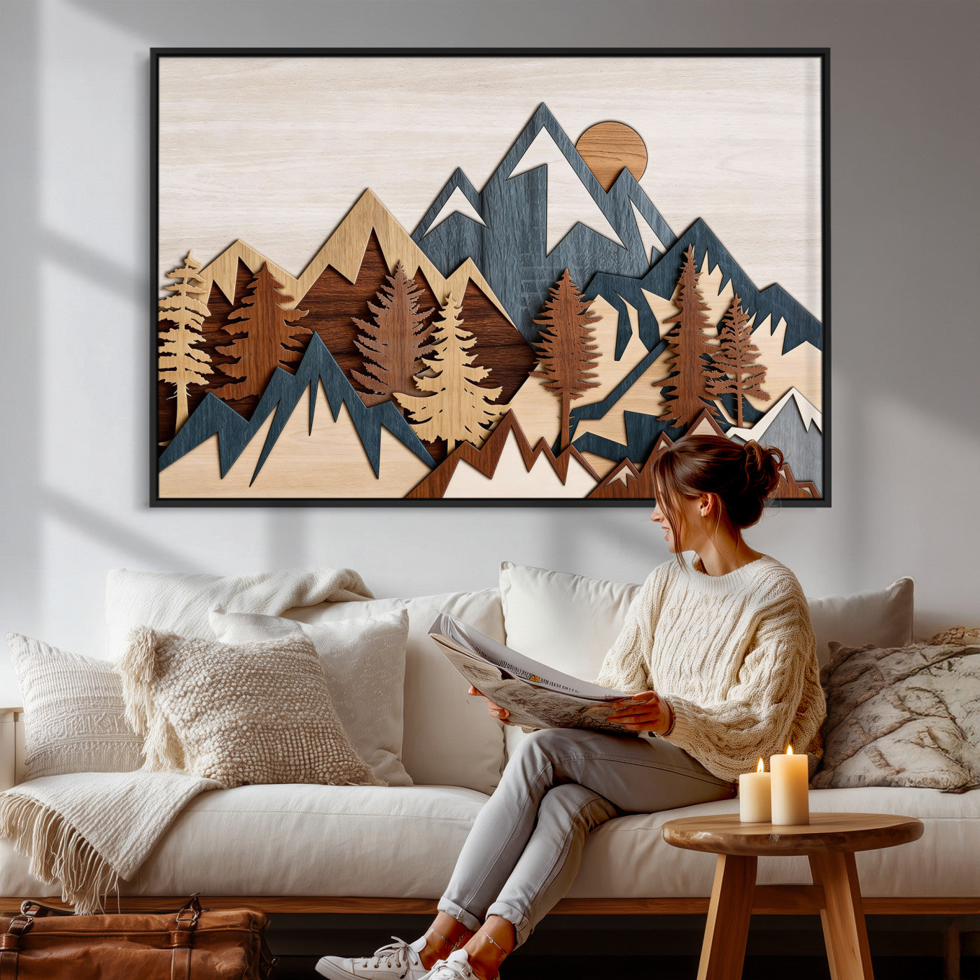 67950-MGV-CV-36X24 - Rustic Abstract Wood Panel Effect Canvas Mountain Range Top Wood Wall Art Canvas Print