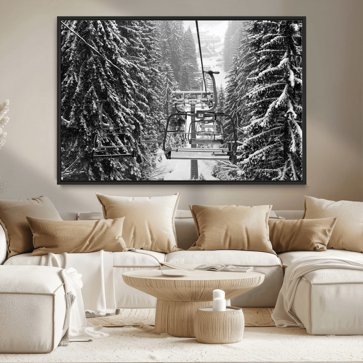 19240-MGV-CV-36X24-Winter Ski Lift Black and White Canvas Wall Art – Alpine Escape in Minimalist Style – Winter Ski