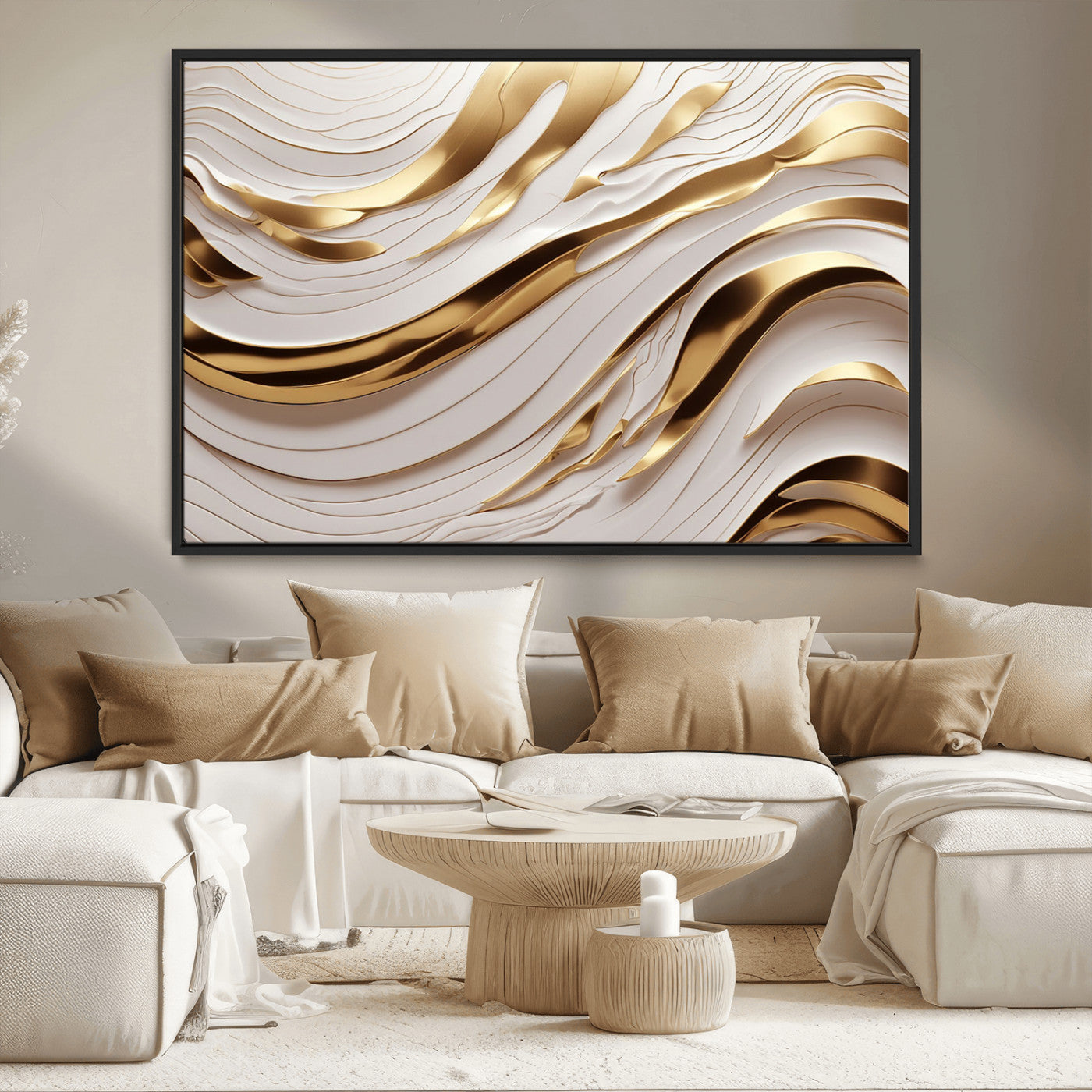81197-MGV-CV-36X24-Gold and White Abstract Wave Canvas – Elegant Flowing Design with Luxurious Golden Accents –