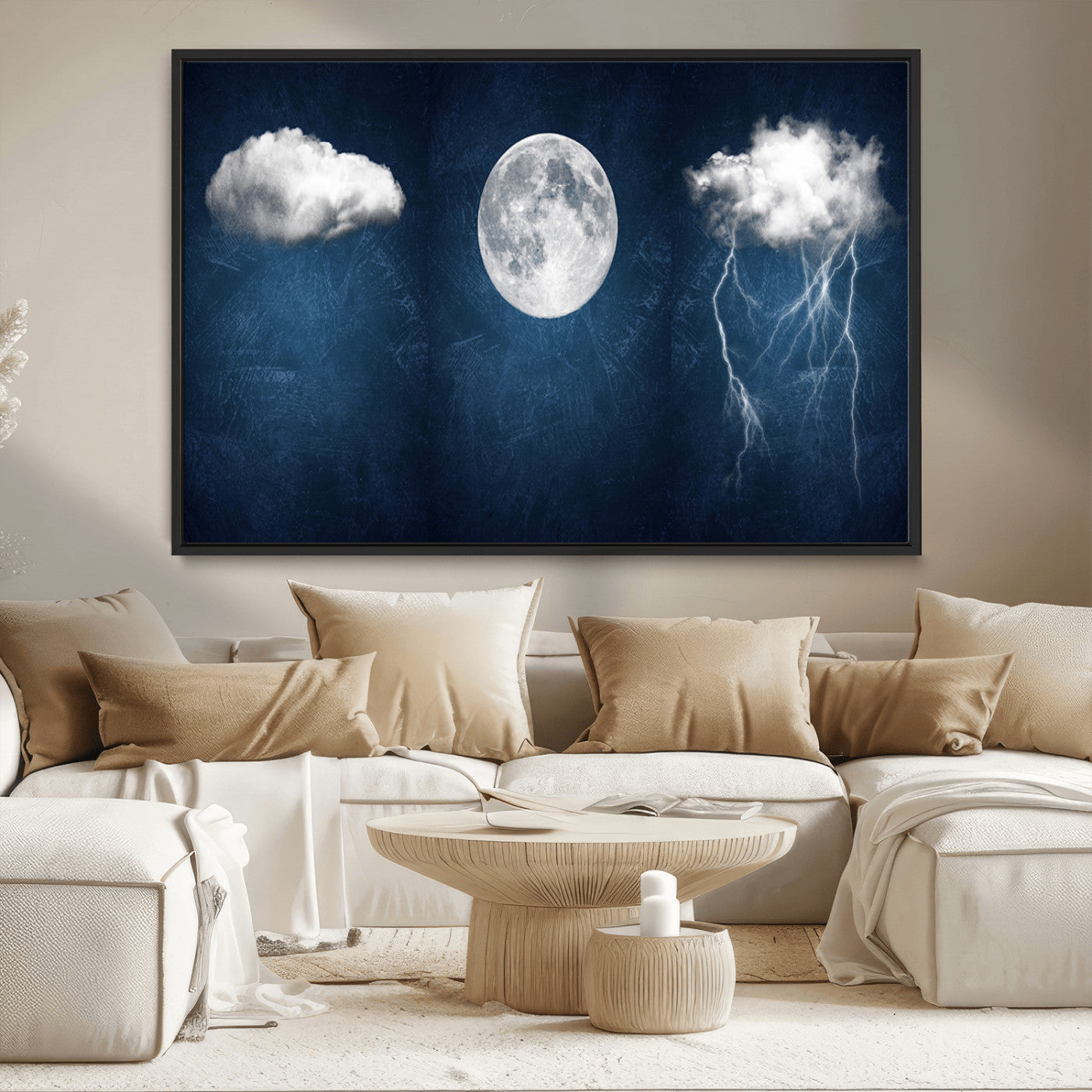 96569-MGV-CV-36X24-Dark Blue Cloud Art, 3 Piece Indigo Blue Wall Art, Aesthetic Surreal Art, Thunderstorm Moon Cloud