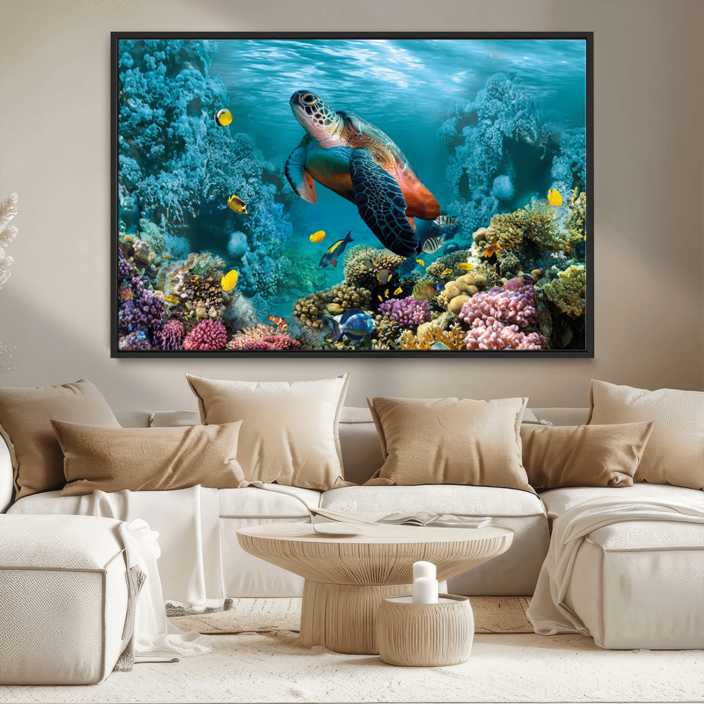 -Sea Turtle and Coral Reef Triptych Wall Art – Vibrant Underwater Scene Canvas Set for Ocean Lovers