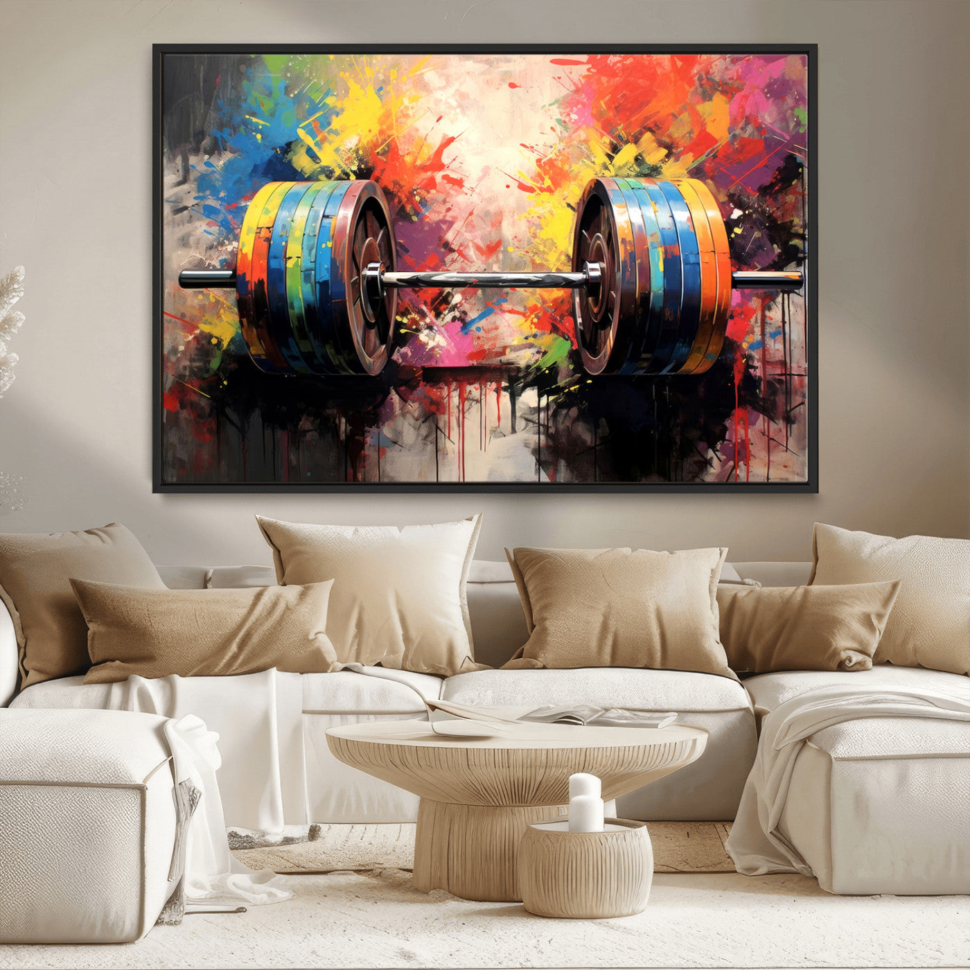 80436-MGV-CV-36X24-Weightlifting Barbell Art Triptych, Bold Abstract Fitness Wall Decor for Gym or Home, Giclee Canvas