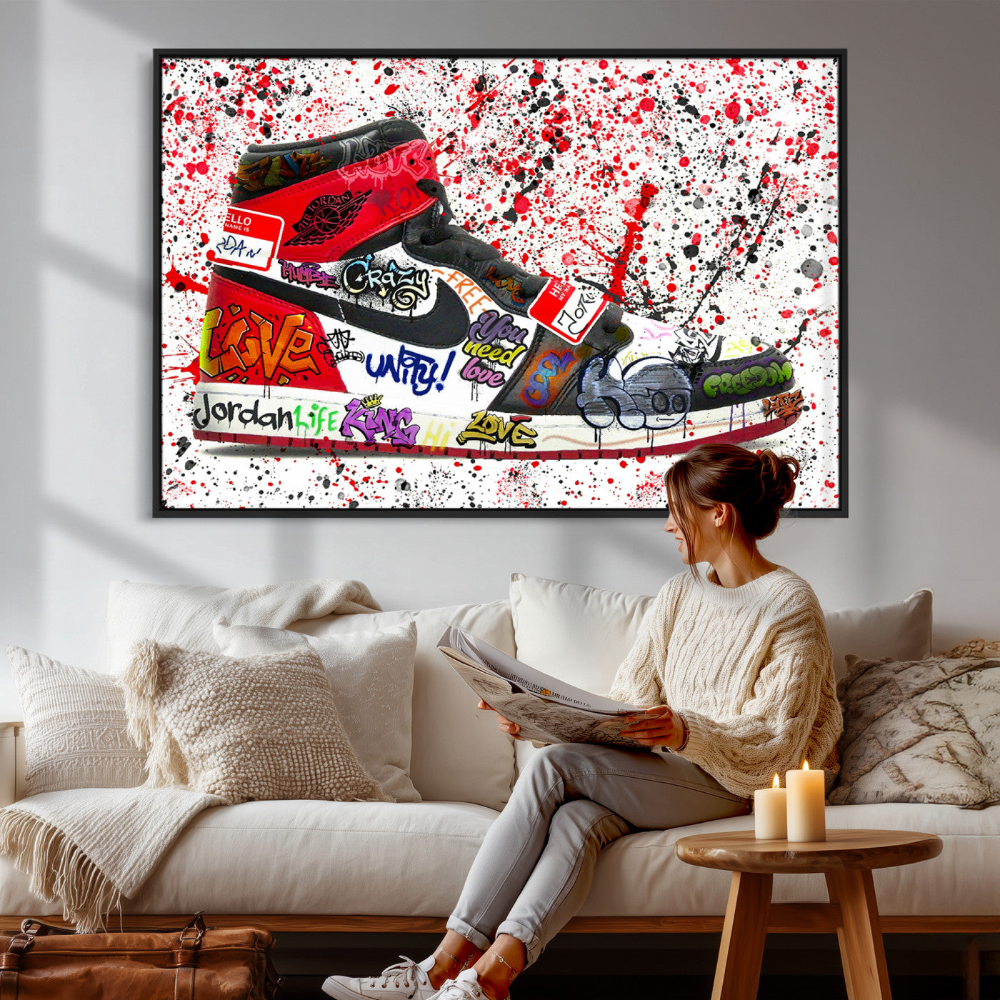 38836-MGV-CV-36X24 - Jordan Shoes Graffiti Wall Art Canvas Print- Jordan Graffiti Canvas Wall Art - Framed Perfect for