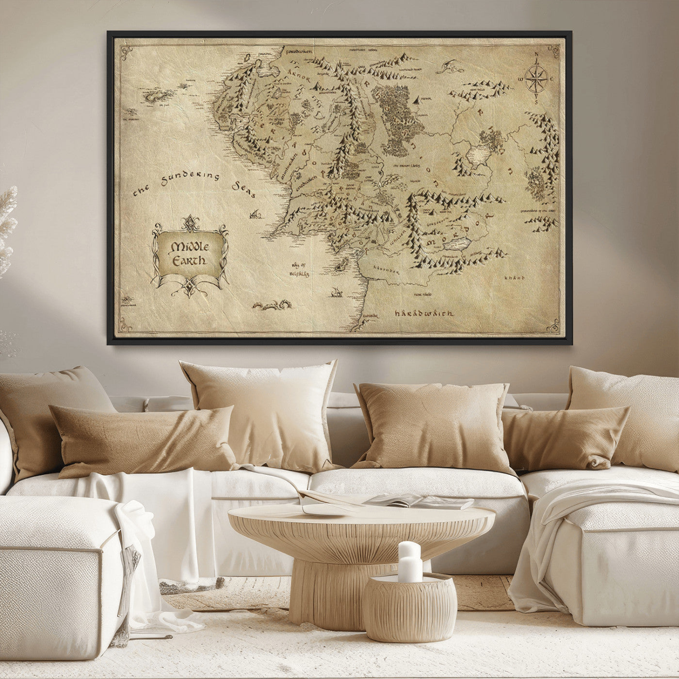 21784-MGV-CV-36X24-Vintage Middle Earth Map Wall Art Canvas – Lord of the Rings Inspired Framed Map Print, Classic Fantasy Decor for Home, Office