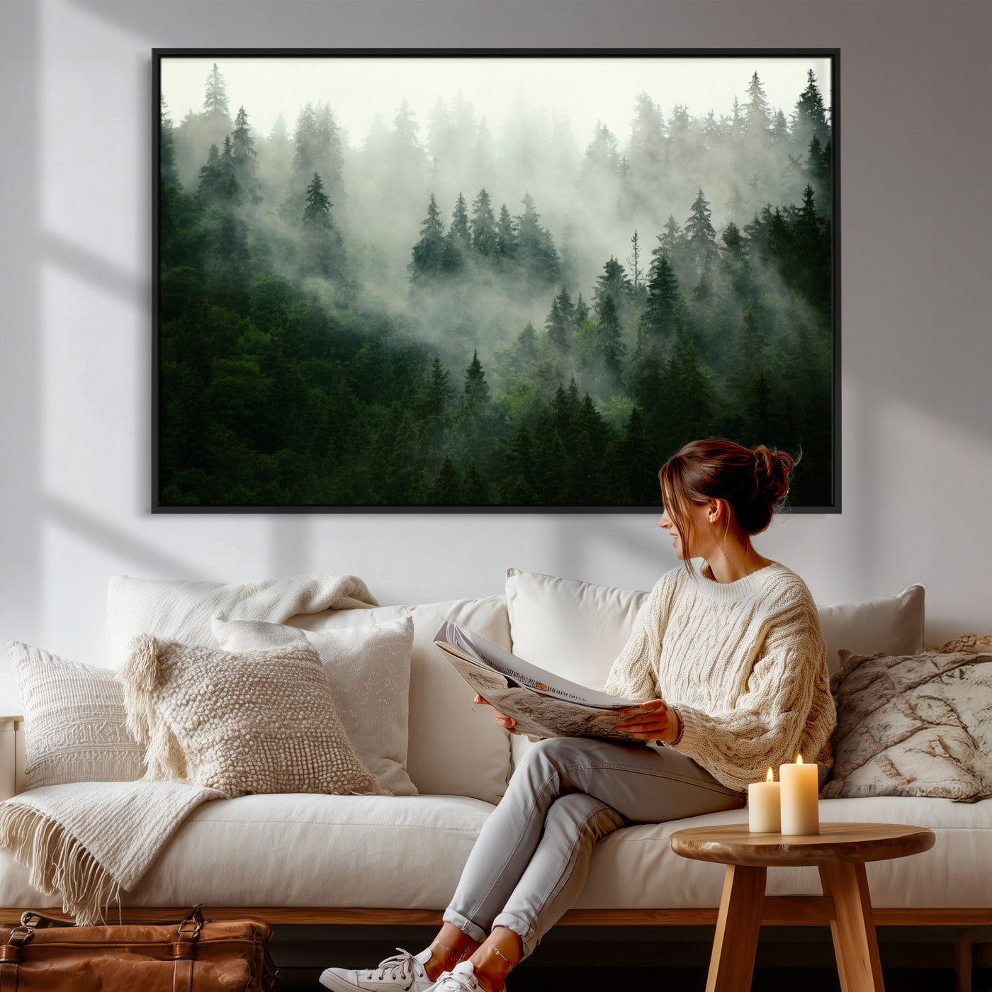 167720496-MGV-CV-36X24 - Misty Forest Mountain Wall Art Canvas | Large 3-Panel Foggy Landscape Canvas Print | Nature Misty