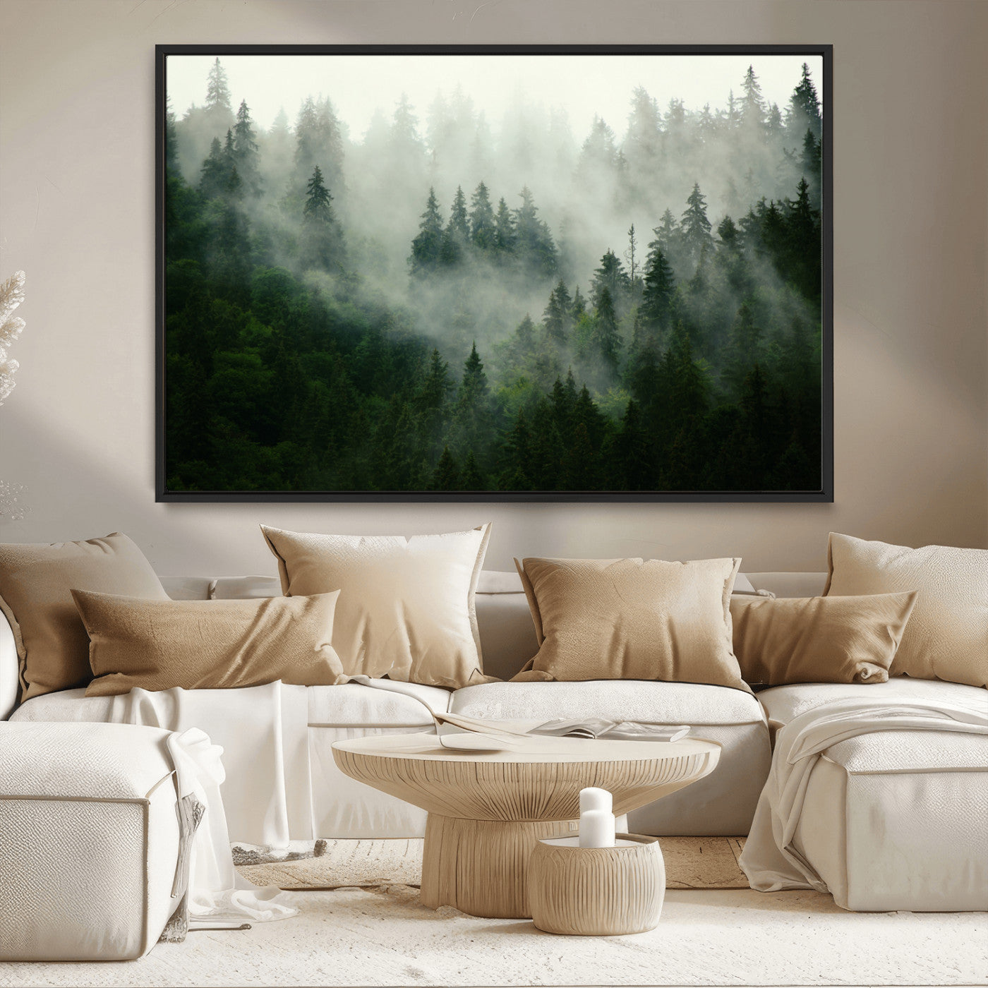167720496-MGV-CV-36X24-Misty Forest Wall Art – Tranquil Green Woodland Canvas Print, Nature Landscape Decor for Living Room, Bedroom or Office