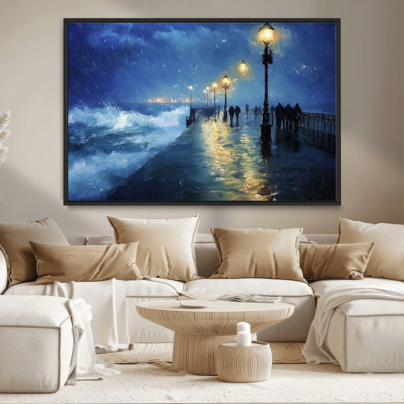 94571-MGV-CV-36X24-Storm Ocean Pier Canvas Wall Art Print - Large Moody Night Scene Print, Seaside Wall Decor