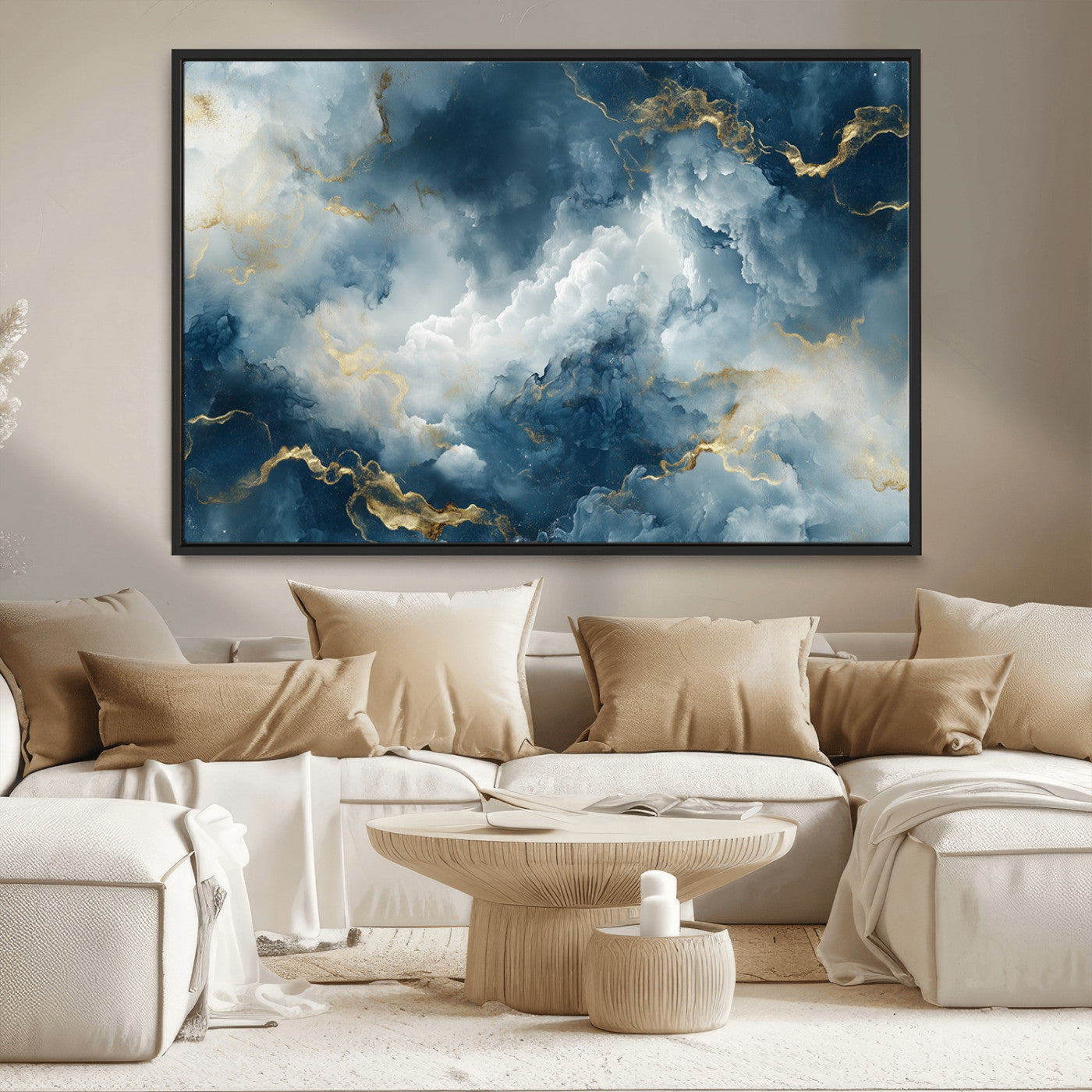 48298-MGV-CV-36X24-Large Abstract Print - Luxe Blue and Gold Abstract Canvas Wall Art - Bold Cloudscape Canvas for