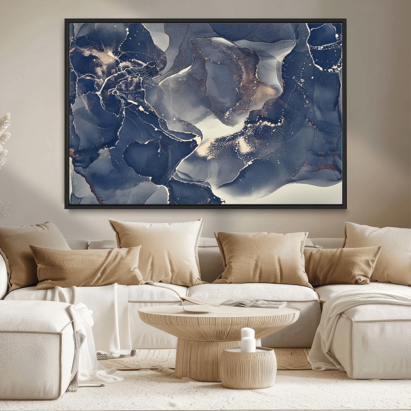 28282-MGV-CV-36X24-Large Abstract Blue and Gold Canvas Wall Art | Fluid Ink Artwork Print | Luxury Wall Decor for