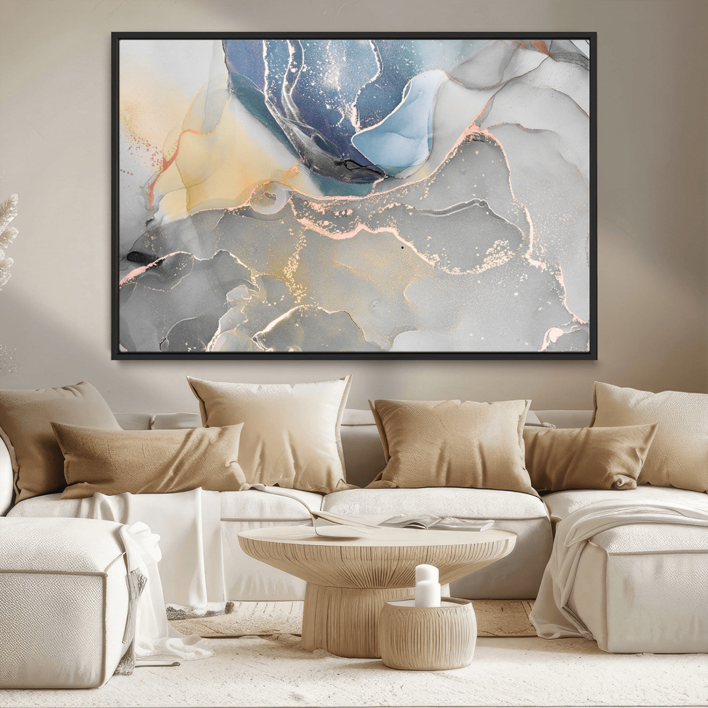 18176-MGV-CV-36X24-Large Abstract Blue and Gold Canvas Wall Art | Fluid Ink Artwork Print | Luxury Wall Decor for