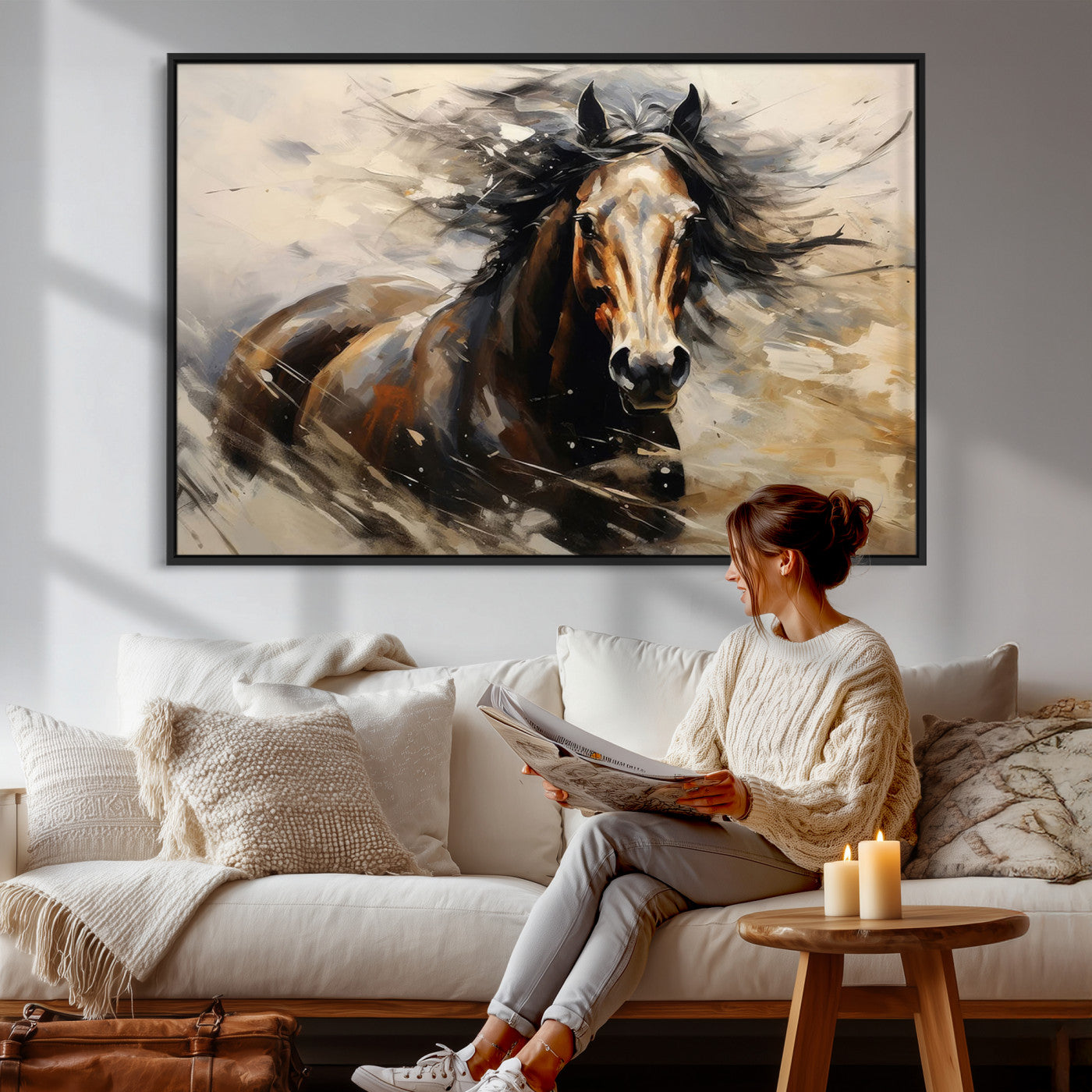 53001-MGV-CV-36X24 - Abstract Wall Art Horse Print - Large Western Horse Canvas - Farmhouse Woodland Wall Art - Framed