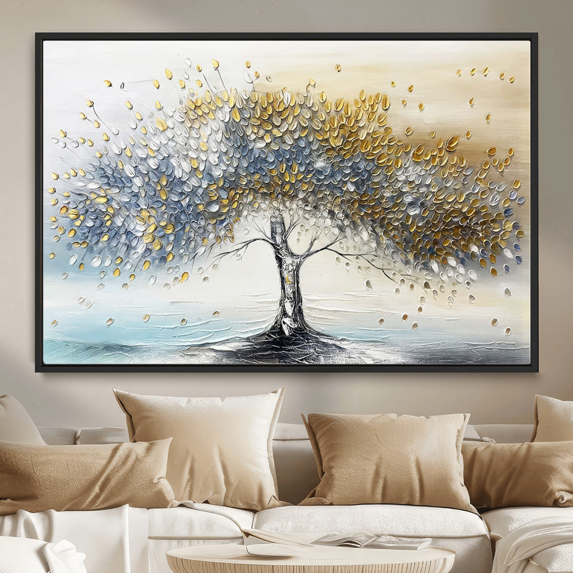 MGV-FC-36X24 - Golden & Silver Tree of Life Wall Art – Canvas Print with Whimsical Leaves Elegant Nature Design, Decorative Home, Office or Guest Room Decor