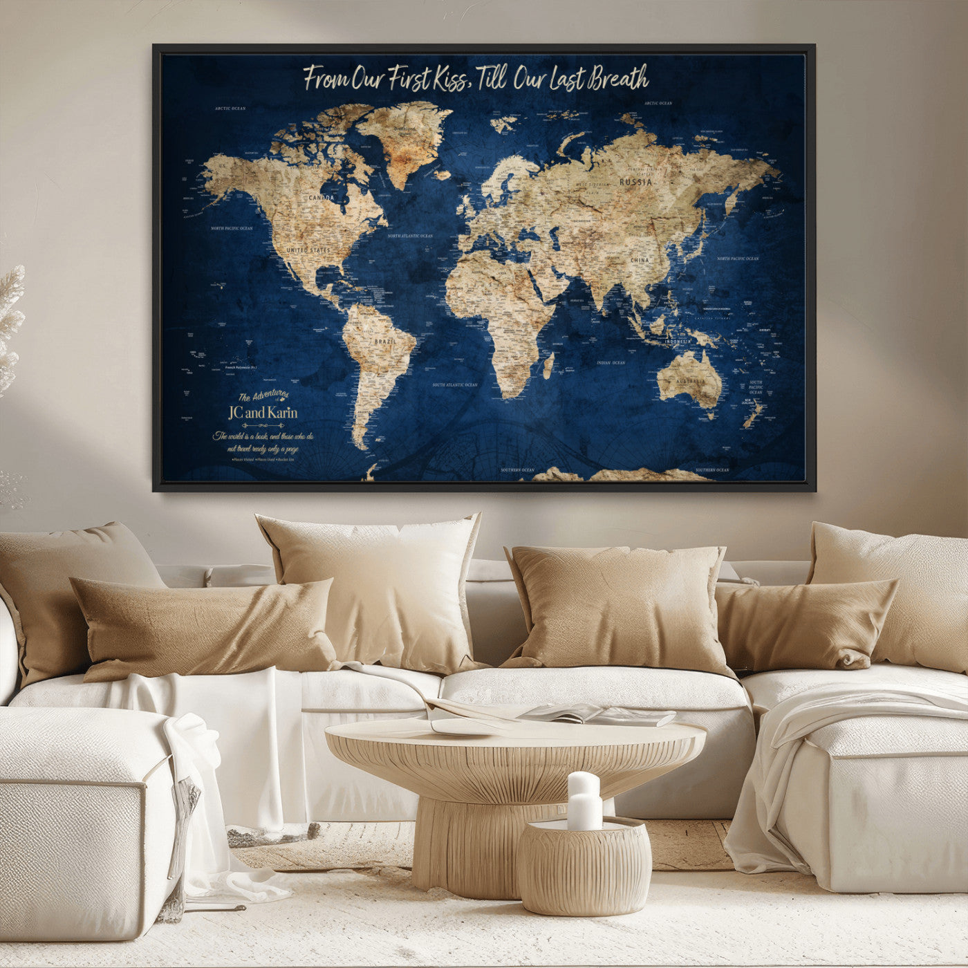 -Personalized Push Pin World Map Canvas Print – Custom Couple Travel Tracker Wall Art, Framed Anniversary Gift for Home Decor
