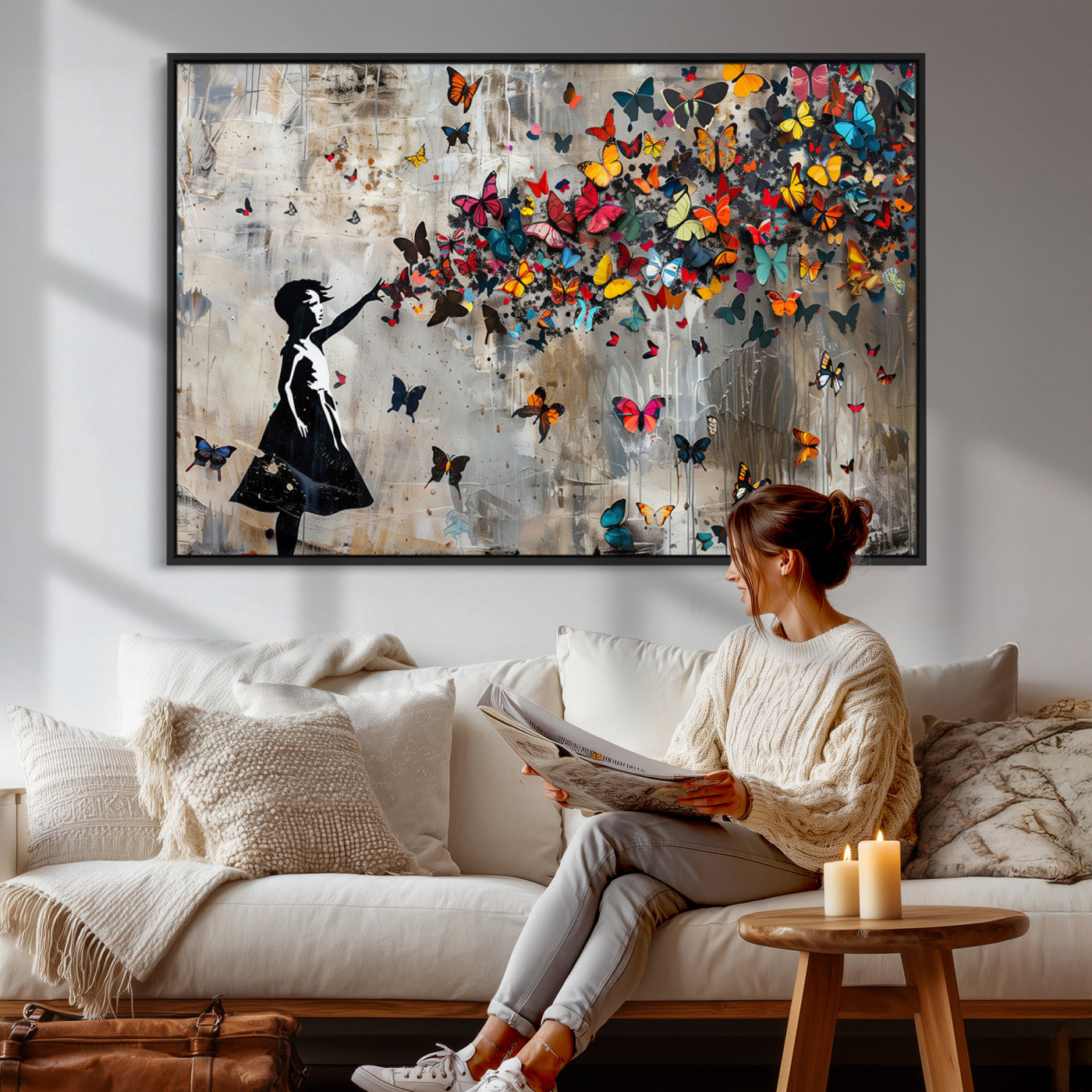 51446-MGV-CV-36X24 - Banksy Butterfly Girl Wall Art | 3-Piece Butterfly Girl Canvas