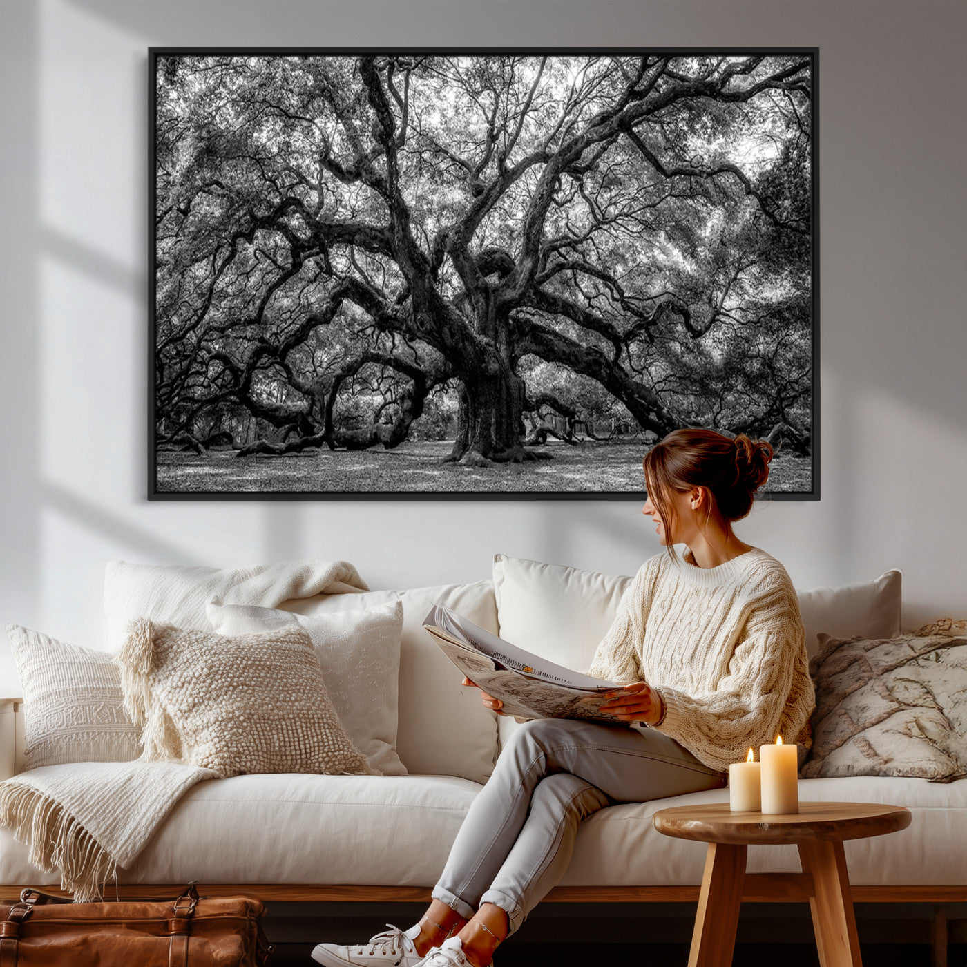 132944706-MGV-CV-36X24 - Black and White Old Angel Oak Tree Wall Art Canvas Print