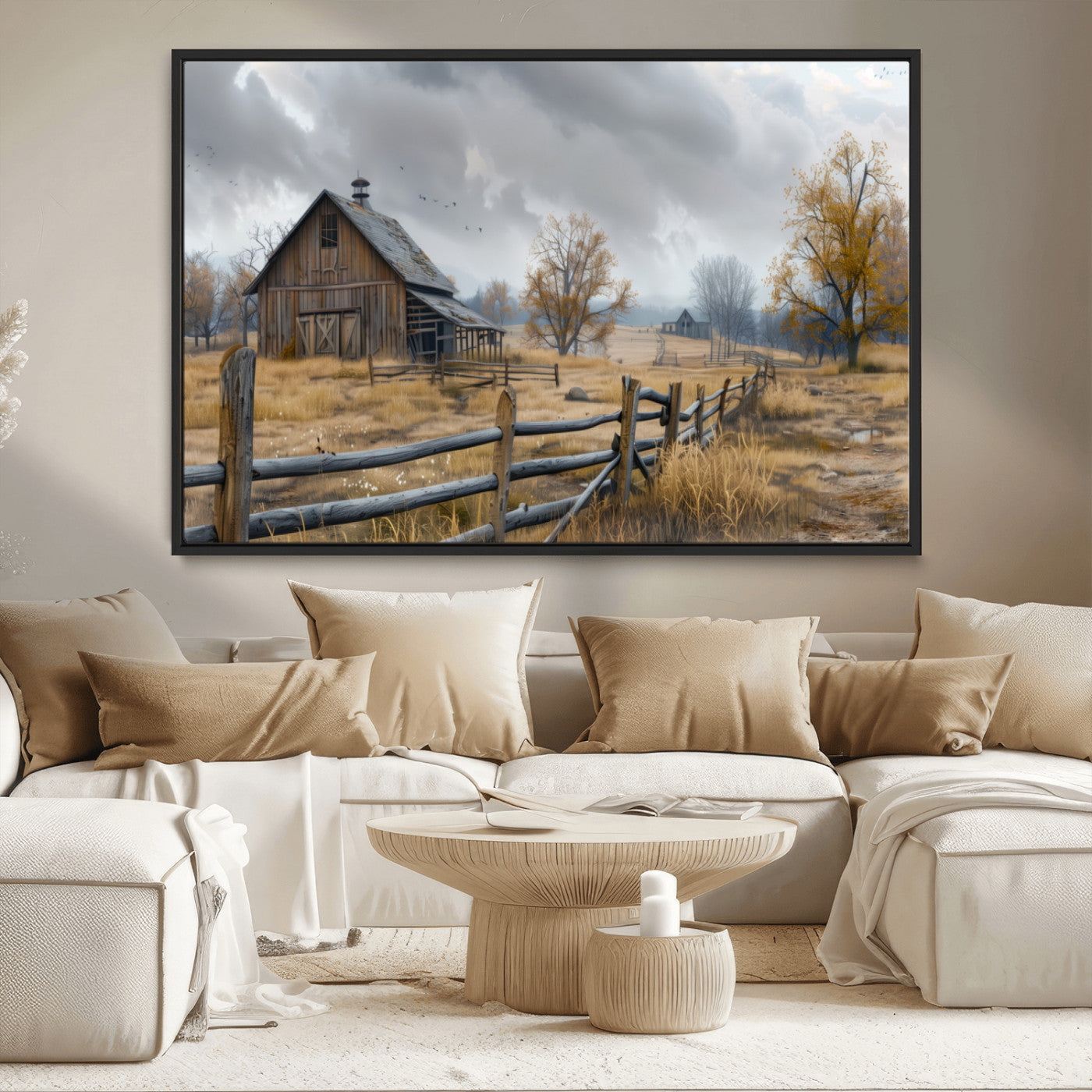 Farm1-MGV-CV-36X24-Rustic Autumn Farmhouse Wall Art Canvas Print – Serene Countryside Scene with Weathered Barn and