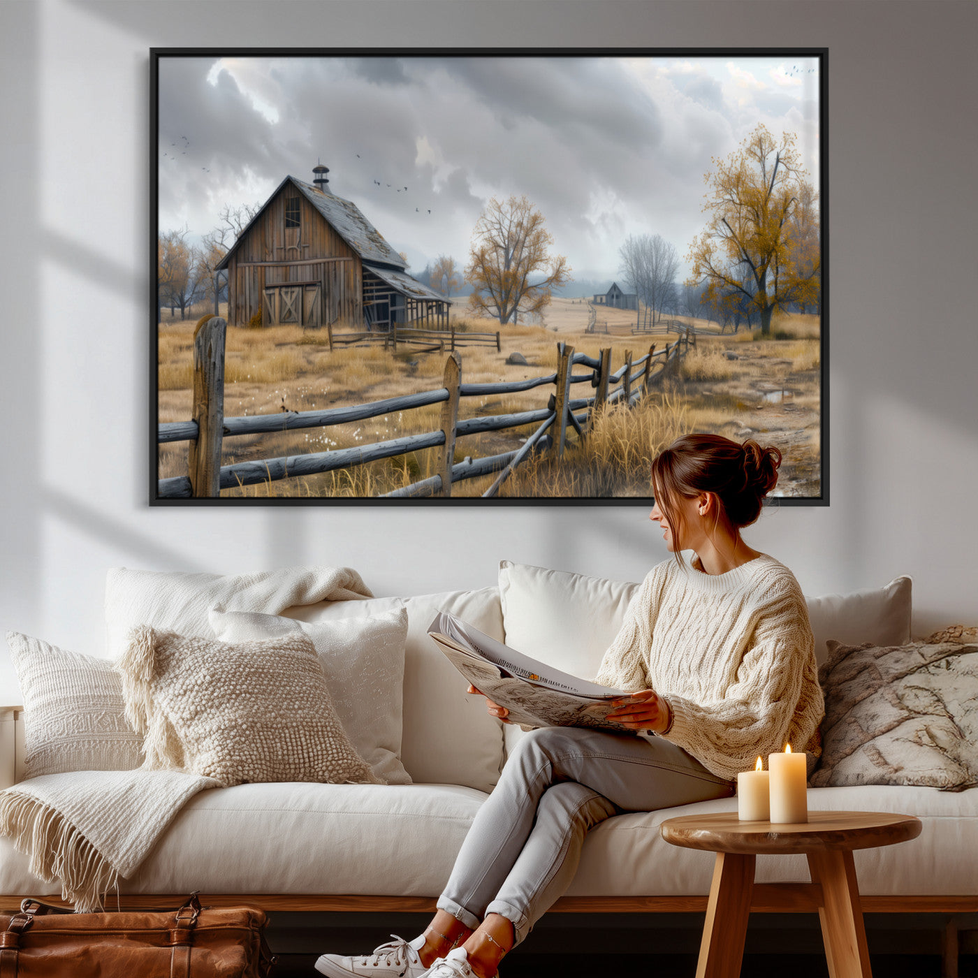 Farm1-MGV-CV-36X24 - Rustic Autumn Farmhouse Wall Art Canvas Print – Serene Countryside Scene with Weathered Barn and