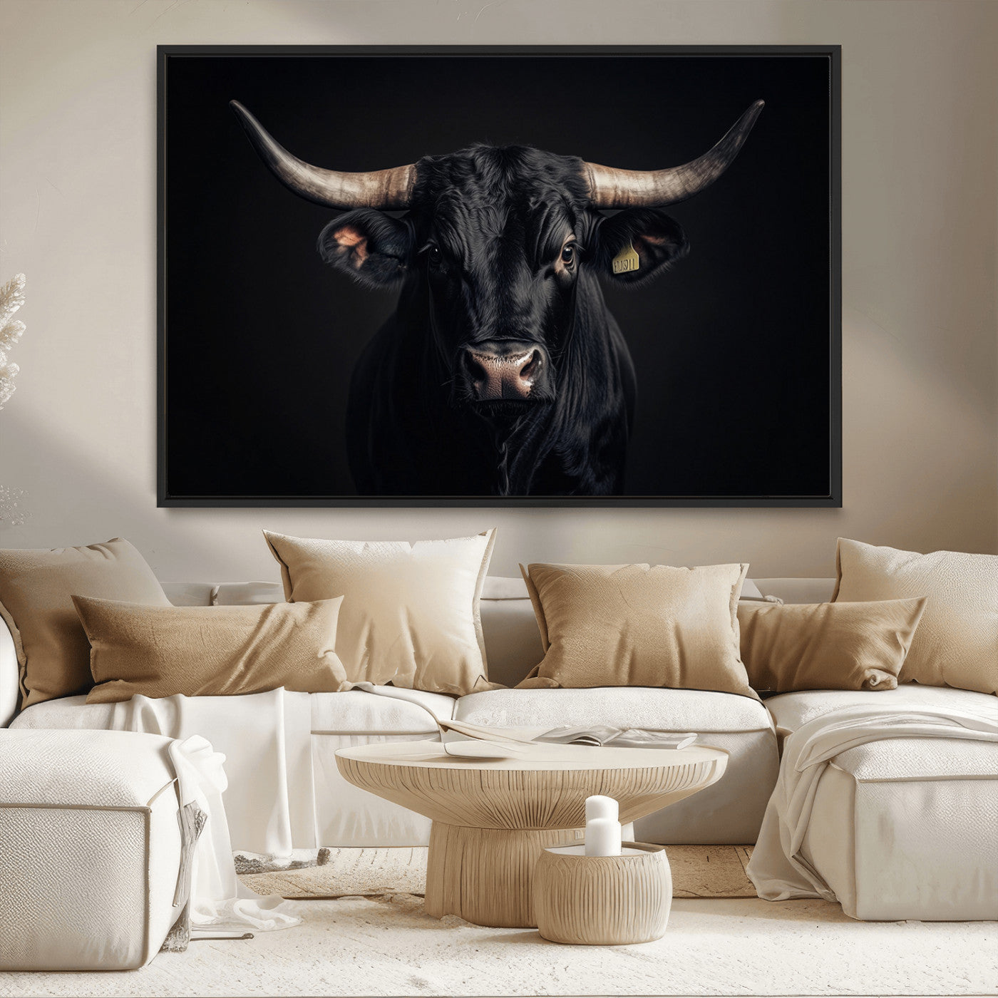 MGV-FC-36X24 - Black Bull Wall Art – Framed Horned Bull Canvas Artwork, Western Cattle Design, Rustic Ranch Style Decor for Home, Office