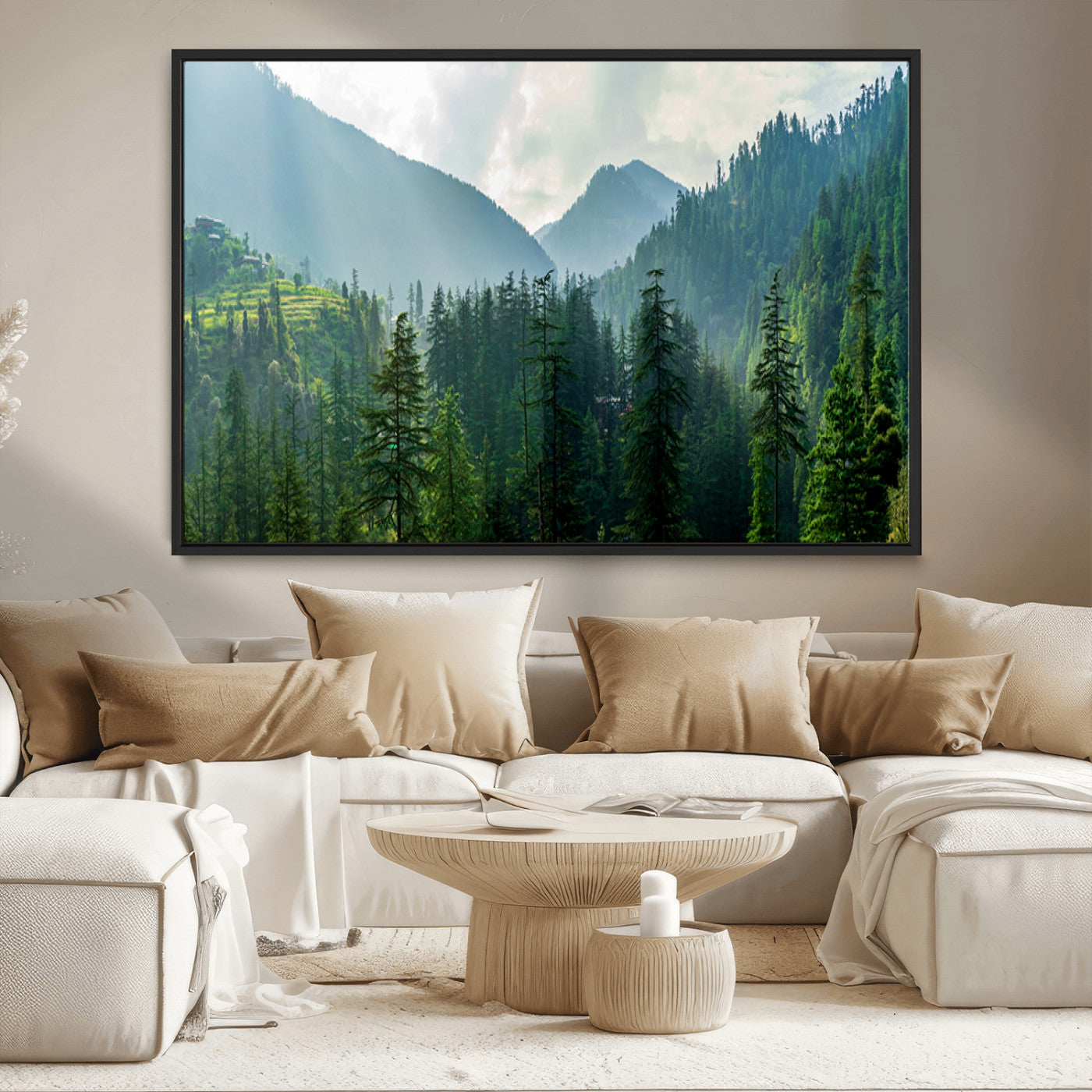 83417191-MGV-CV-36X24-Misty Forest Mountain Wall Art Canvas Print – Framed Serene Nature Scene with Tranquil Valley Artwork for Home, Office