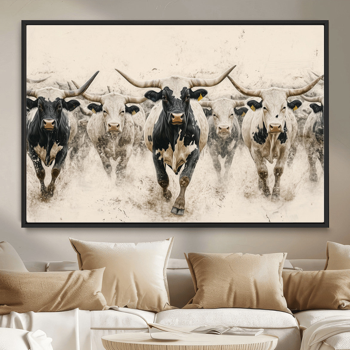61538944-MGV-CV-36X24-Texas Longhorn Wall Art – Framed Cattle Walking Canvas Artwork, Black White Bull Design, Western Ranch Decor for Home, Office