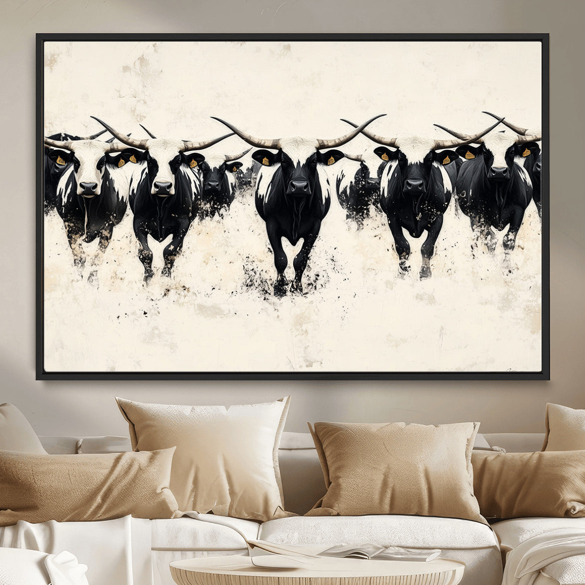 MGV-FC-36X24 - Longhorn Cattle Wall Art – Canvas Print of Herd in Motion, Symmetry and Ink Splatter, Minimalist Western Ranch, Bold Rustic Farm Decor